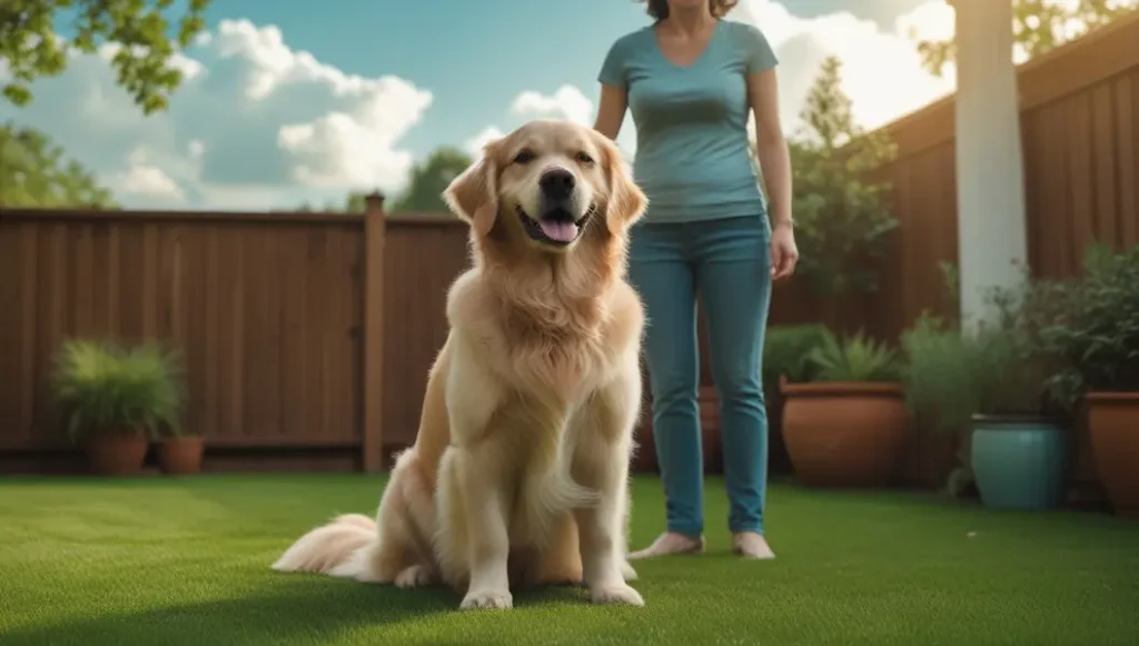 Cachorro da raça Golden Retriever obedece ao comando de "senta" diante de sua tutora no quintal
