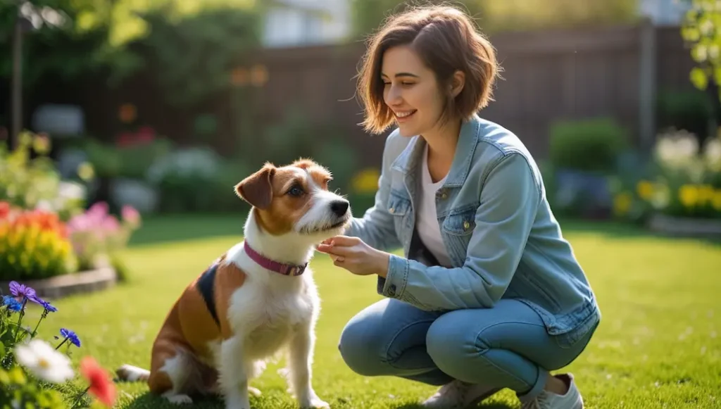 Jovem mulher adestrando filhote de cachorro com petisco em parque ensolarado