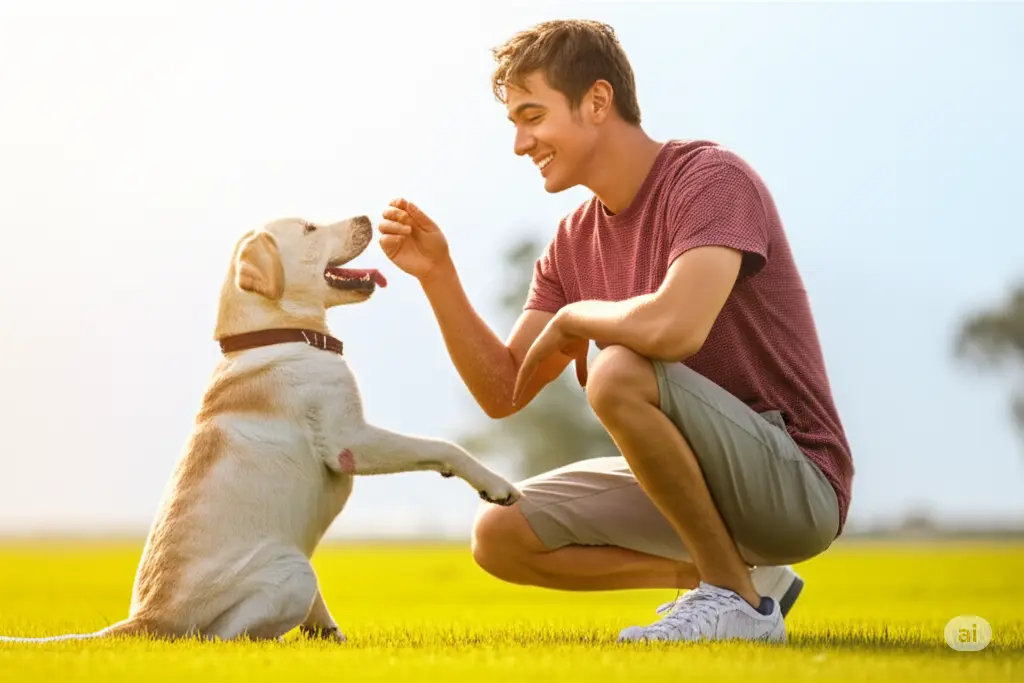 Rapaz sorridente treinando seu alegre filhote de labrador em um parque.