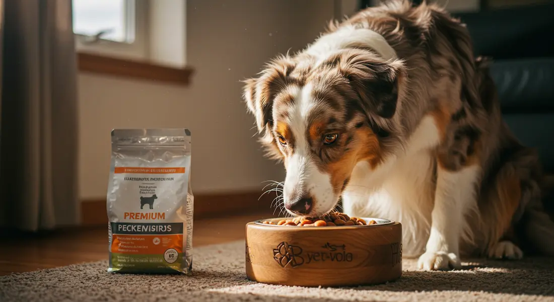 Um lindo cão adulto comendo ração em uma tigela, ao lado de um pacote de ração premium