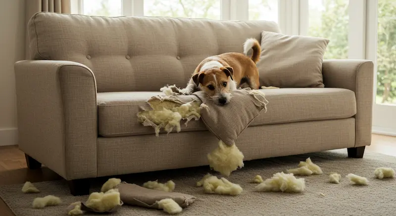 Cão destruindo sofá por ansiedade de separação