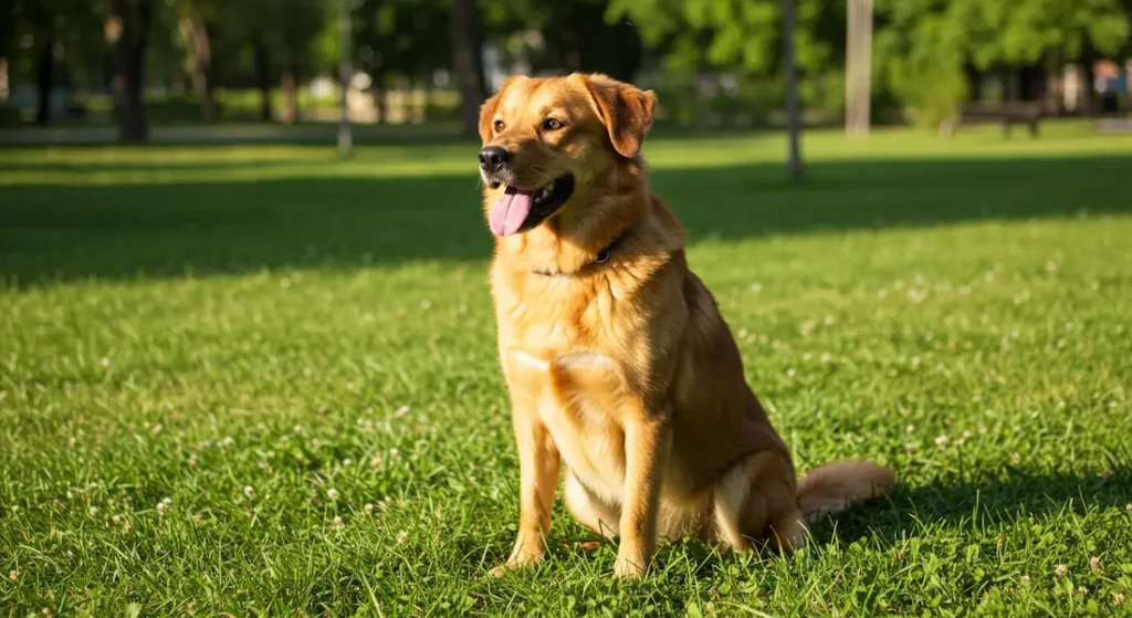Cão adulto com pelagem brilhante e saudável sentado em gramado verde