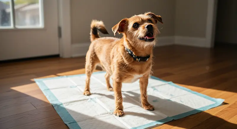 Pequeno cão sobre tapete higiênico