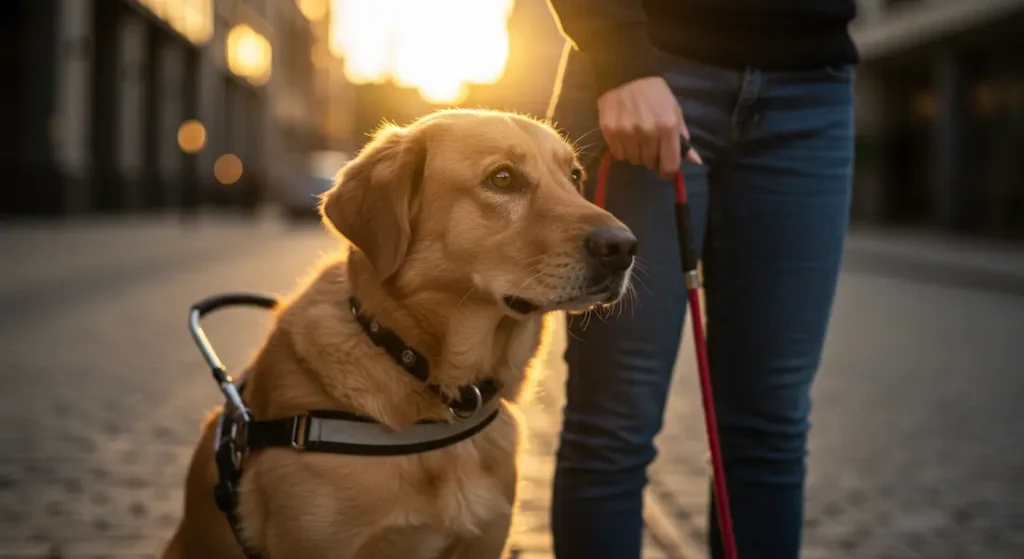 Cão-guia com arreio ao lado de pessoa cega, em cenário urbano iluminado ao entardecer