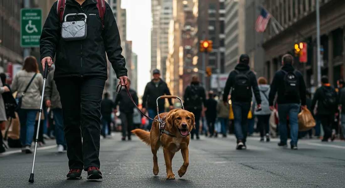 Cão-guia guiando pessoa cega em rua movimentada