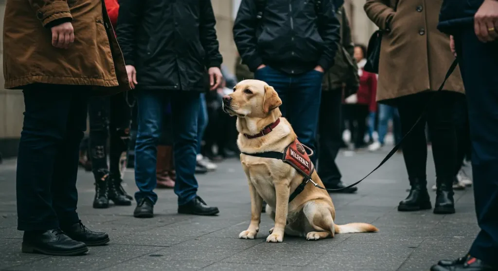 Cão-guia em serviço ignorando distrações em local público