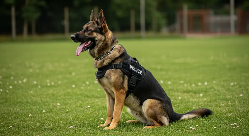 Pastor Alemão de uma unidade policial K9 com colete tático preto sentado em gramado de um centro de treinamento policial