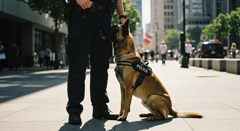 Cão policial da raça Pastor Belga Malinois ao lado de policial durante patrulha urbana