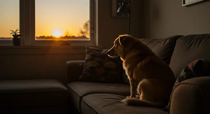 Cão triste sozinho em casa olhando pela janela