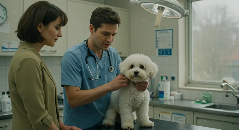 Cachorro sendo examinado por veterinária em clínica moderna