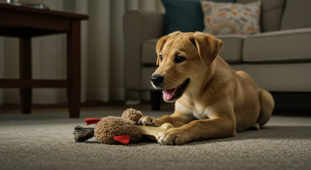Filhote de cão brincando com brinquedos interativos na sala de uma casa