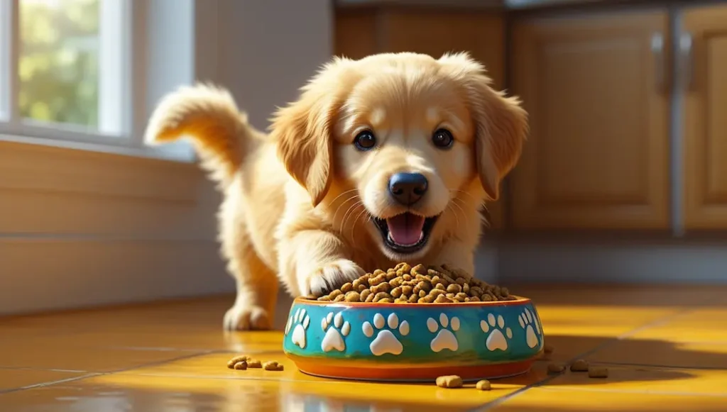 Filhote de cachorro comendo ração em uma tigela colorida