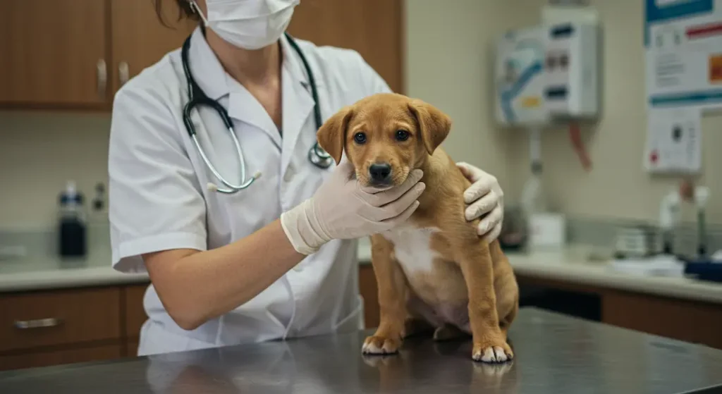 Filhote de cachorro sendo cuidadosamente examinado por uma médica veterinária em um consultório
