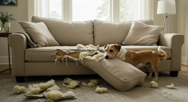 Filhote de cão destruindo sofá