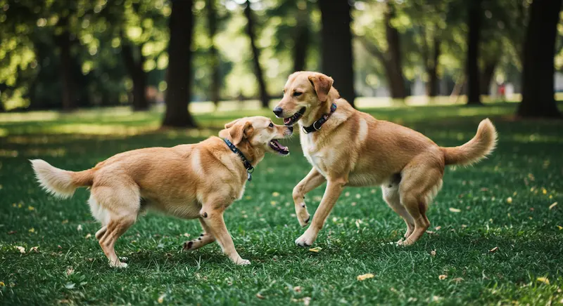 Dois filhotes de labrador brincando e se socializando em um parque ensolarado