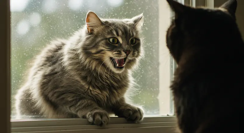 Gato mostrando agressividade territorial com outro gato na janela