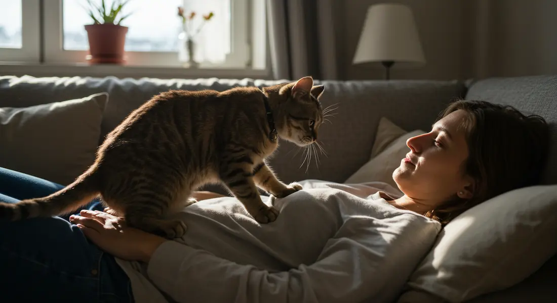 Gato amassando com as patinhas sobre sua tutora deitada no sofá, sob luz natural
