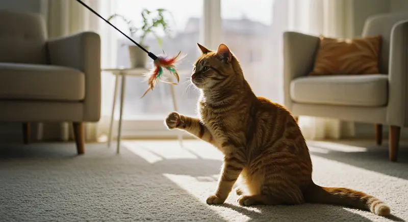 Gato brincando com brinquedo de varinha e pena para reduzir agressividade