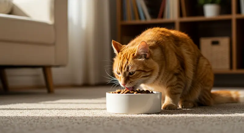 Gato comendo ração premium em ambiente aconchegante