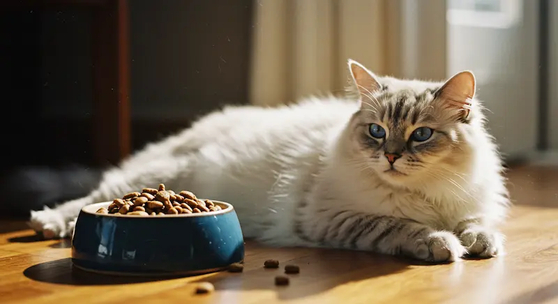 Gato deitado ao lado de uma tigela de ração premium