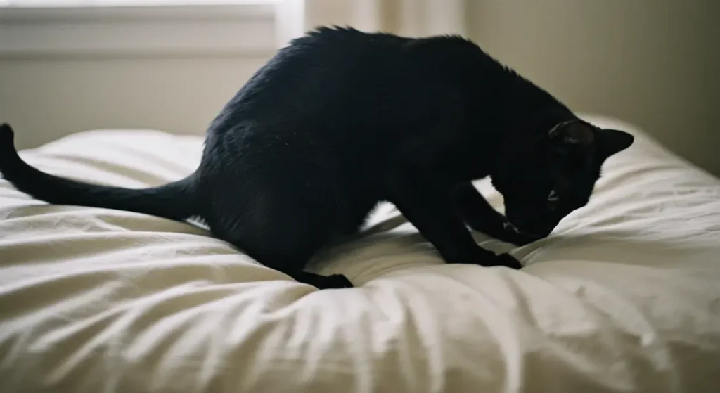 Gato preto marcando território ao amassar cama