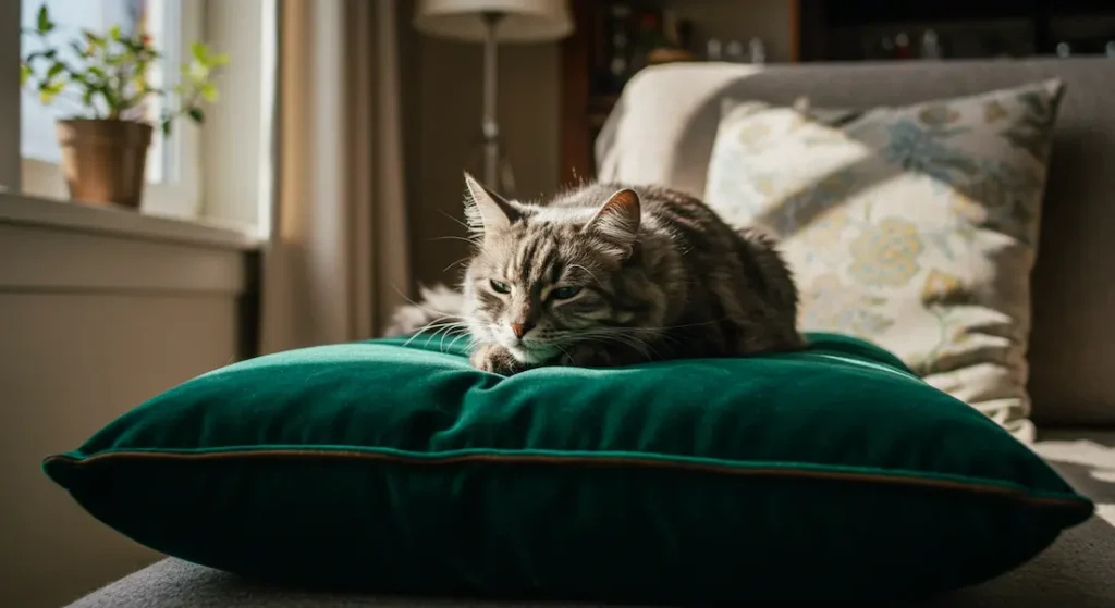 Gato tranquilo amassando almofada de veludo