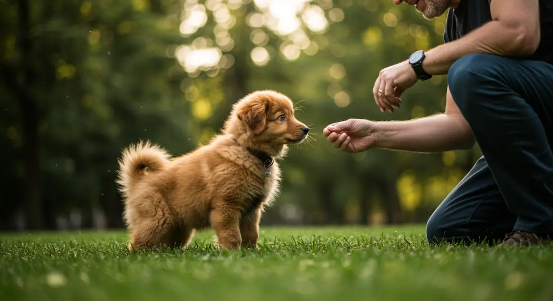 Homem agachado cuidando e dando um petisco ao seu filhote de cão da raça golden retriever em um jardim ensolarado