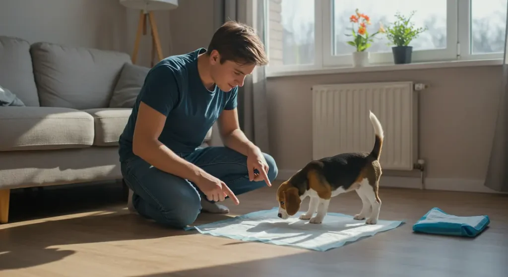 Homem ensinando filhote de cachorro a usar tapete higiênico