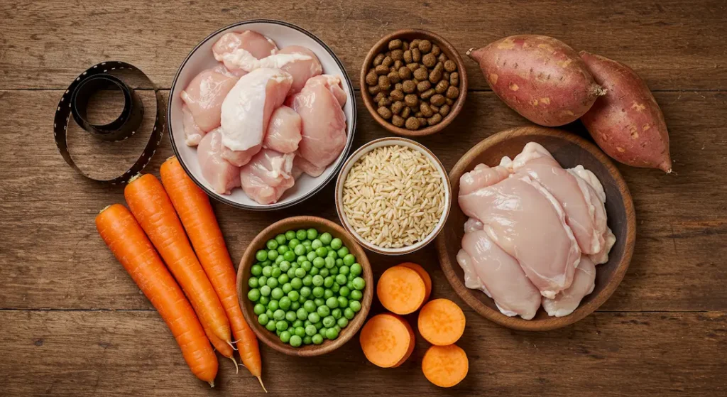 Ingredientes naturais de uma ração premium para cães, como carne, arroz integral e vegetais