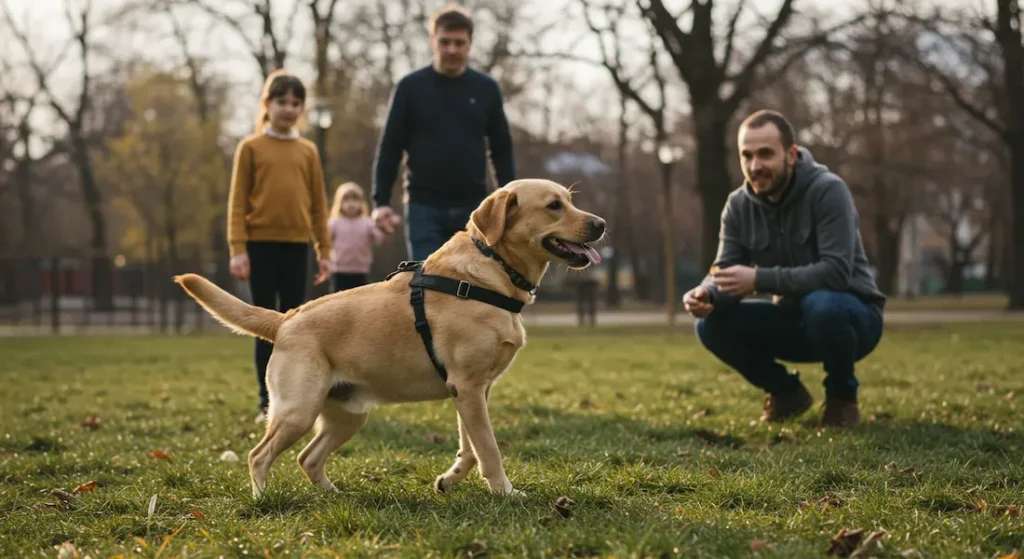 Labrador jovem em fase de socialização com família voluntária