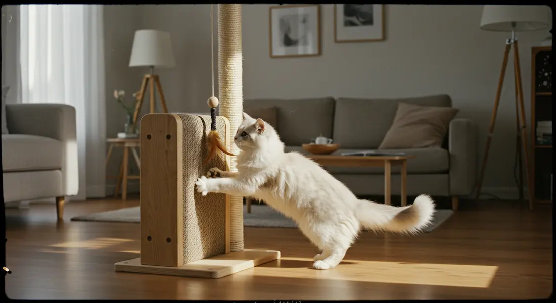 Gato brincando com arranhador em uma sala iluminada por luz natural