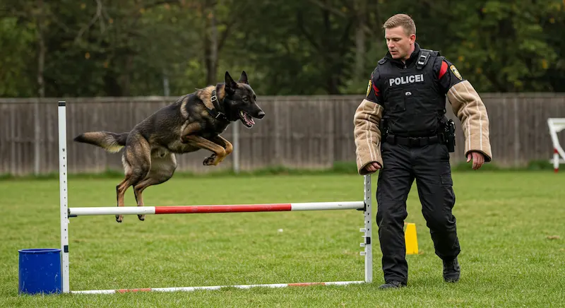 Cão policial em treinamento pulando obstáculo com o condutor ao lado