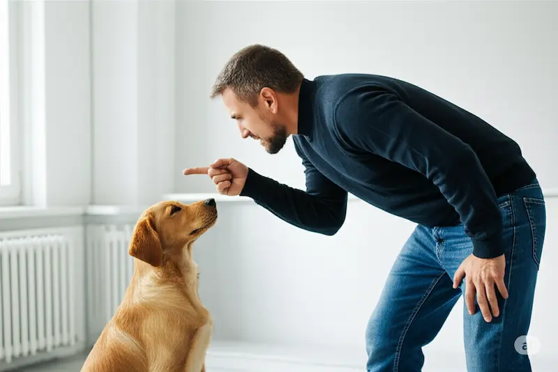 Tutor dando bronca em seu cão devido ao seu comportamento ansioso